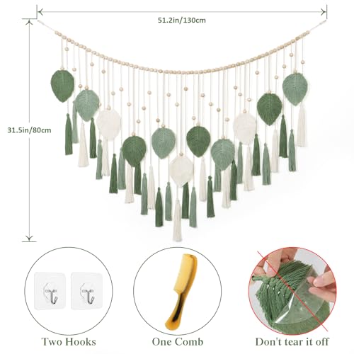 Large Macrame Wall Hanging Beige Green Feather Tapestry Wall Art Wooden Beads Handmade Woven Leaf Tassels Wall Decor O1138