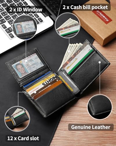 Genuine Leather Bifold RFID Blocking Wallet with 12-13 Card Holders B306