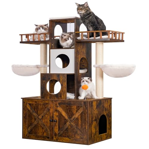 Rustic Gray Cat Tree with Litter Box Enclosure Y32767