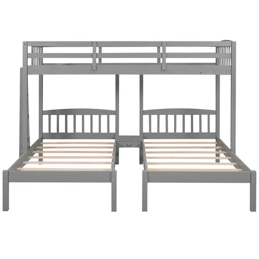 Triple Twin Solid Wood Bunk Beds with Guardrail and Ladder and Built-in Middle Drawer Q532097