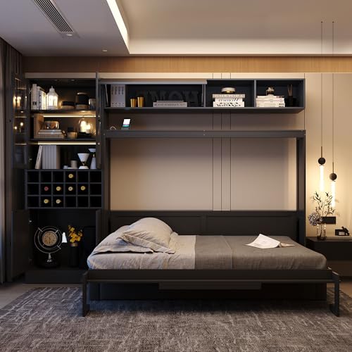 Queen Murphy Bed with Couch and Storage Shelves, Charging Station, LED Light, Wood Foldable Wall Bed Cabinet with Sofa and Storage Cabinet, Bookcase, Wine Rack (White) J945738