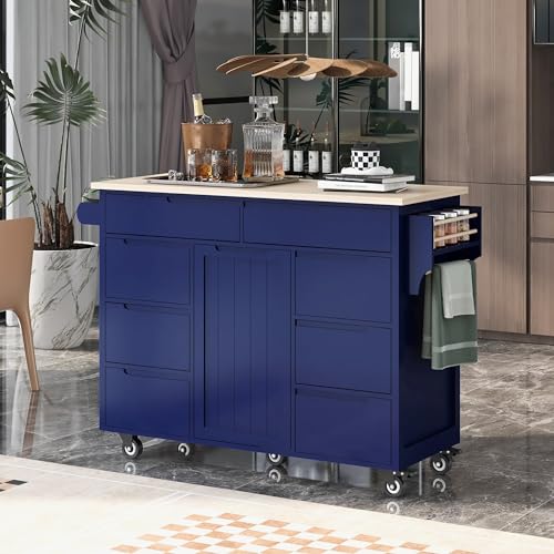 Farmhouse Kitchen Island with Power Outlet, Rolling Cart with Drop Leaf, Storage Cabinet Table on Wheels with Spice Rack and Drawer A485