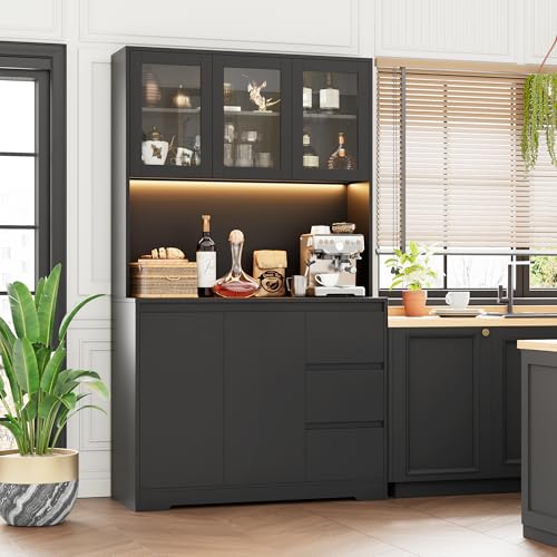 Black 71" Kitchen Pantry Cabinet with LED Lights and Charging Station Z286