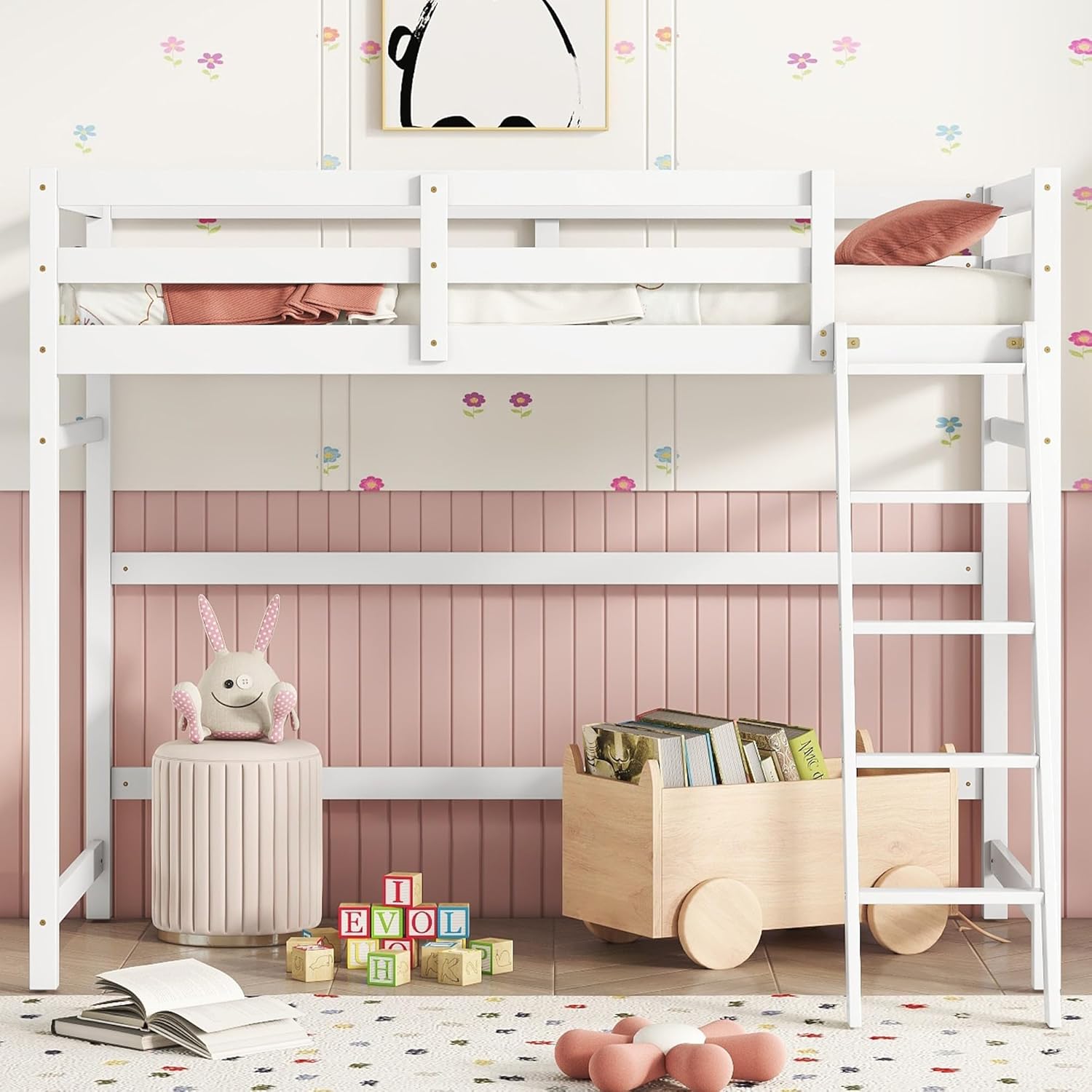 White Twin Size Wooden Loft Bed with Ladder and Guardrail U9906