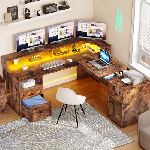Grey L Shaped Desk with Power Outlets, LED Lights, Drawers, Lift Top, Monitor Stand, File Cabinet E146