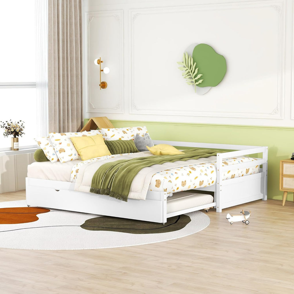 White Wood Twin to Double Extendable Daybed with Pull Out Trundle U47107