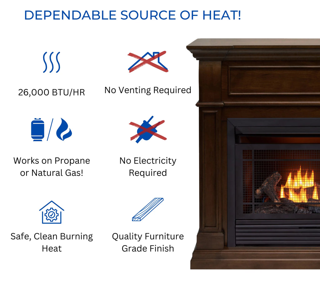 Dual Fuel Ventless Gas Fireplace, 26,000 BTU, Remote Control, Walnut Finish G2340