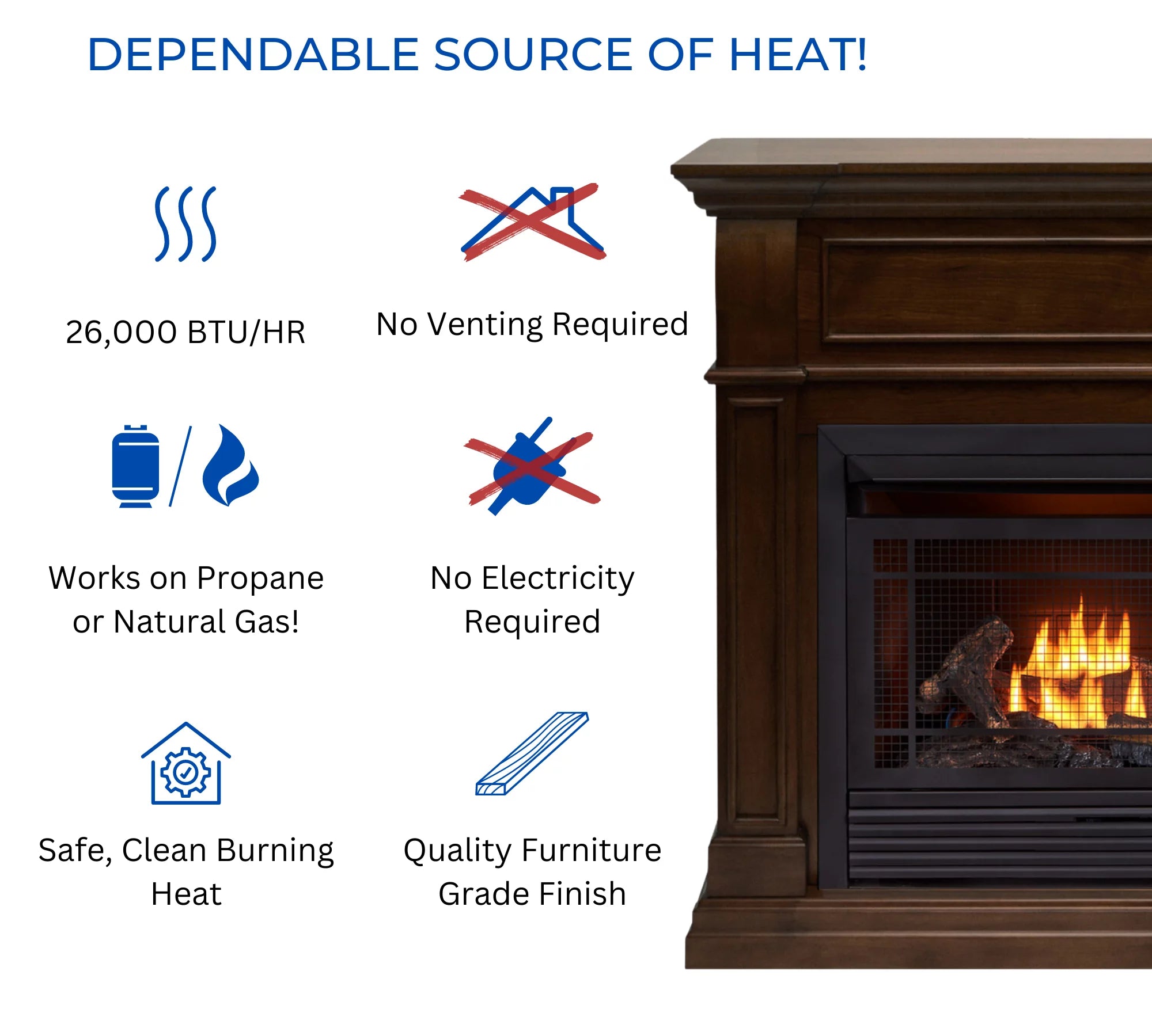 Dual Fuel Ventless Gas Fireplace, 26,000 BTU, Remote Control, Walnut Finish G2340