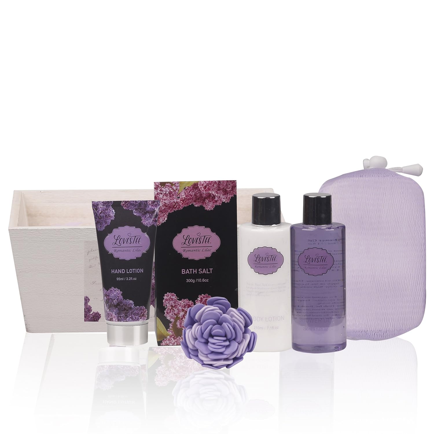 Lavender Bath and Body Set with Shower Gel, Body Lotion, Hand Lotion, Bath Salt, Flower Sponge and EVA Sponge C415