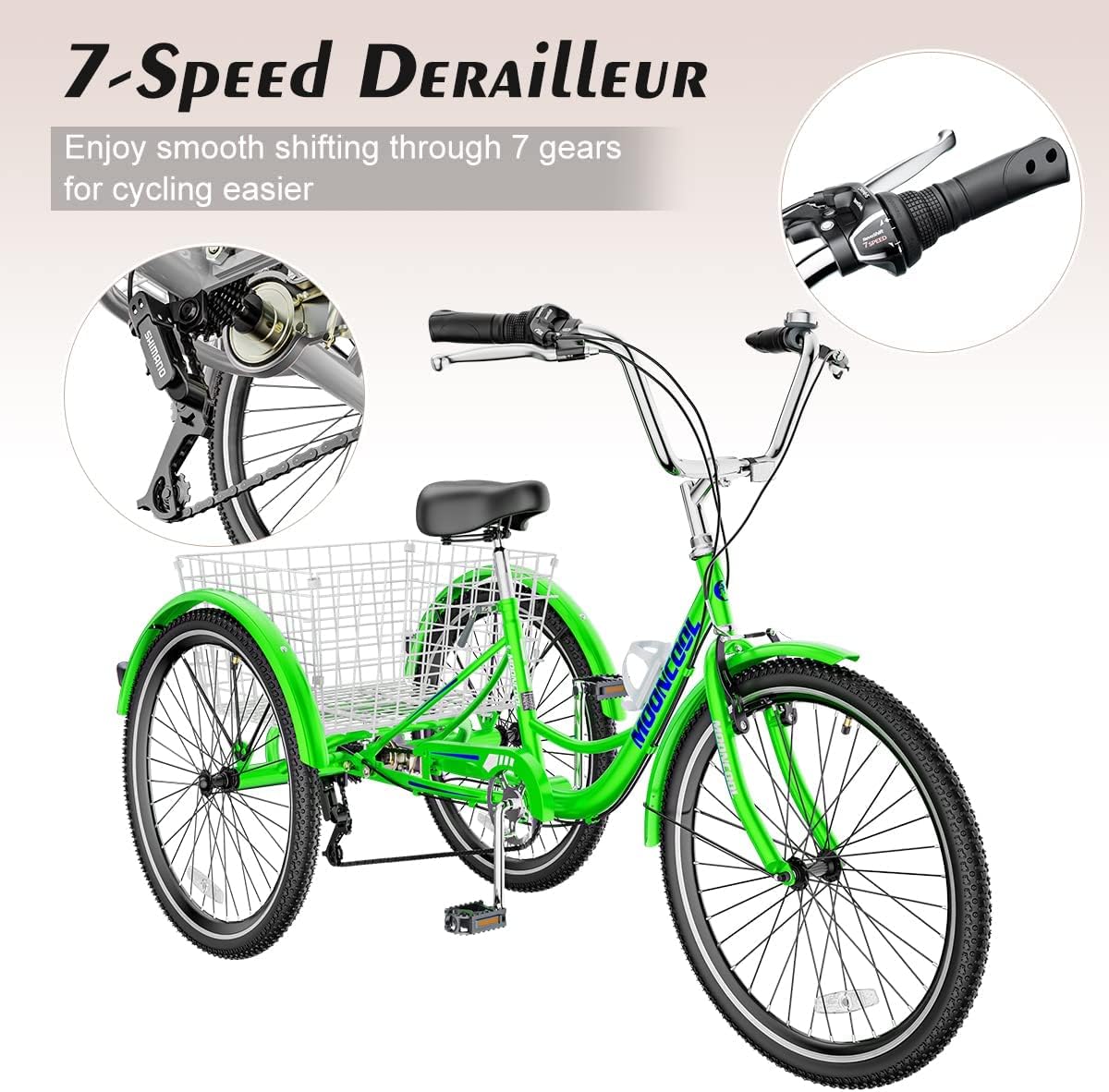 Apple Green 7 Speed 3 Wheel Adult Tricycle with Basket D868594