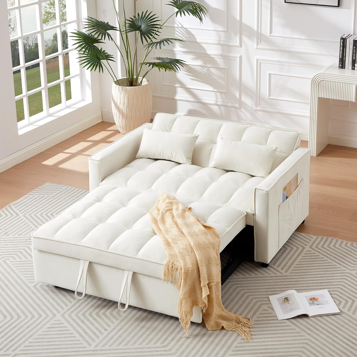 Ivory Velvet 2 Seater Convertible Loveseat Sleeper Sofa with Pull-Out Bed C4009