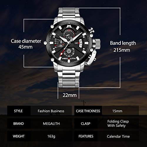 45mm Stainless Steel Chronograph Waterproof Analog Quartz Date Heavy Duty Men's Watch L348