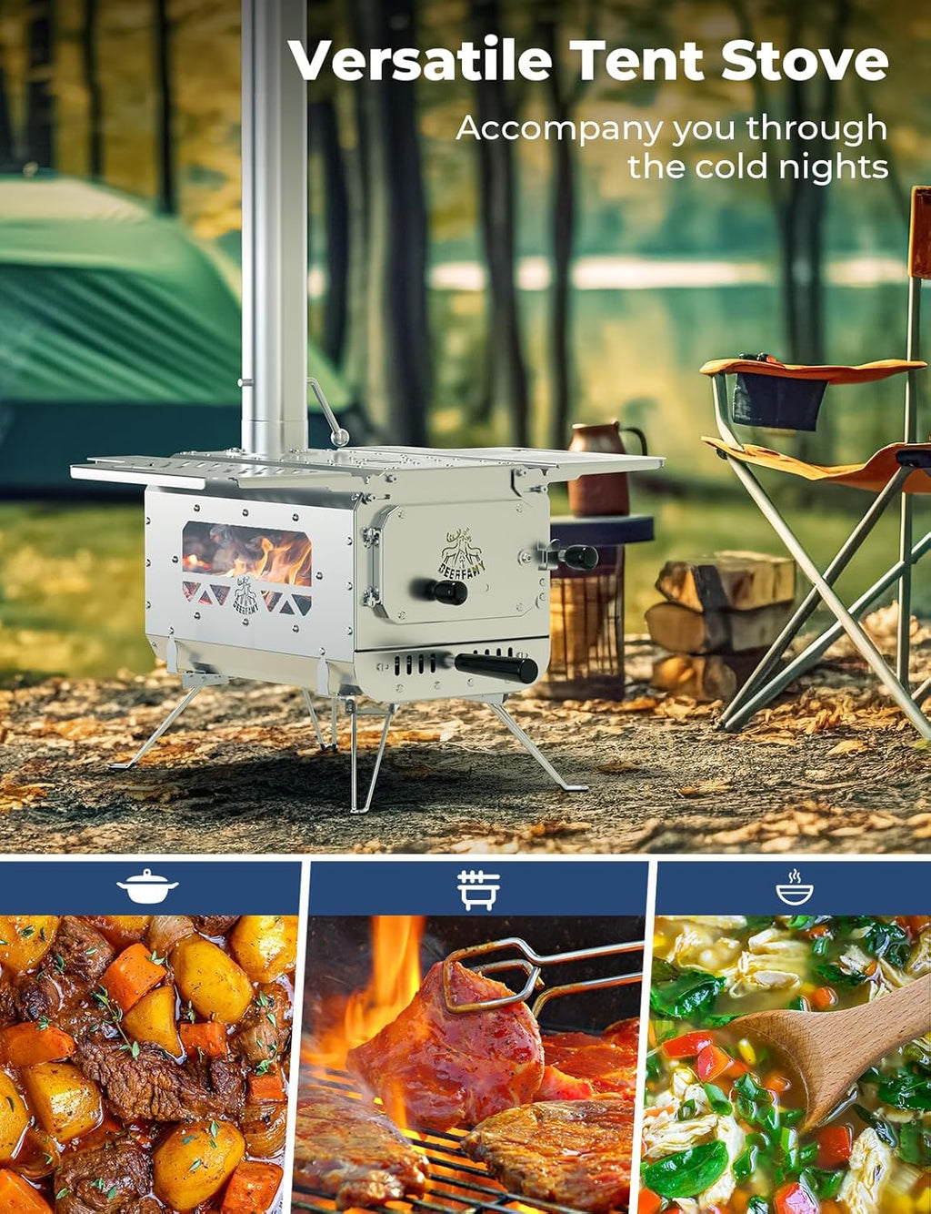 Portable Stainless Steel Tent Stove with 6 Chimney Pipes X1179