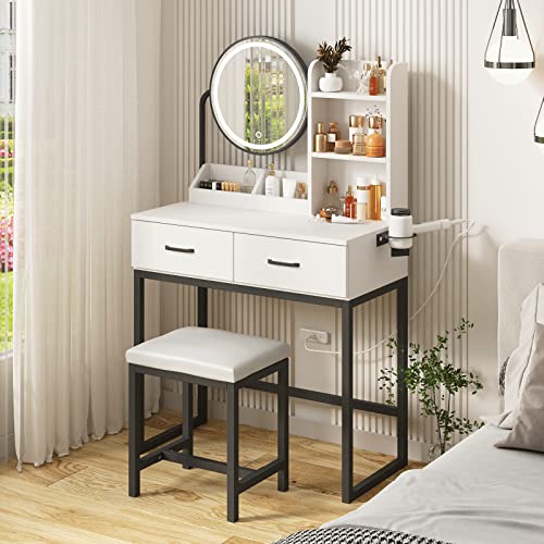 White Vanity Desk with Round Mirror and Lights, Brown and Black, 15.75 * 31.5 * 53.6in C754714