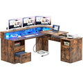 Grey L Shaped Desk with Power Outlets, LED Lights, Drawers, Lift Top, Monitor Stand, File Cabinet E146