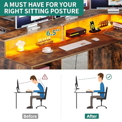Grey L Shaped Desk with Power Outlets, LED Lights, Drawers, Lift Top, Monitor Stand, File Cabinet E146