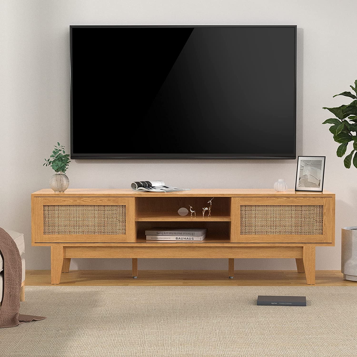 Rattan Sliding Doors Low Profile Television Stand 59 Inch U954805