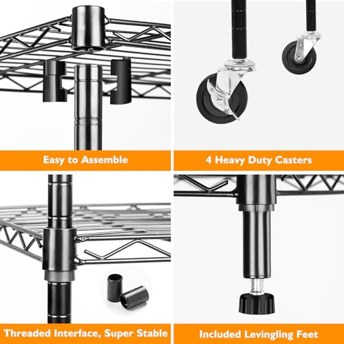 Black 6 Tier Adjustable Metal Wire Shelving Rack with Wheels A54235