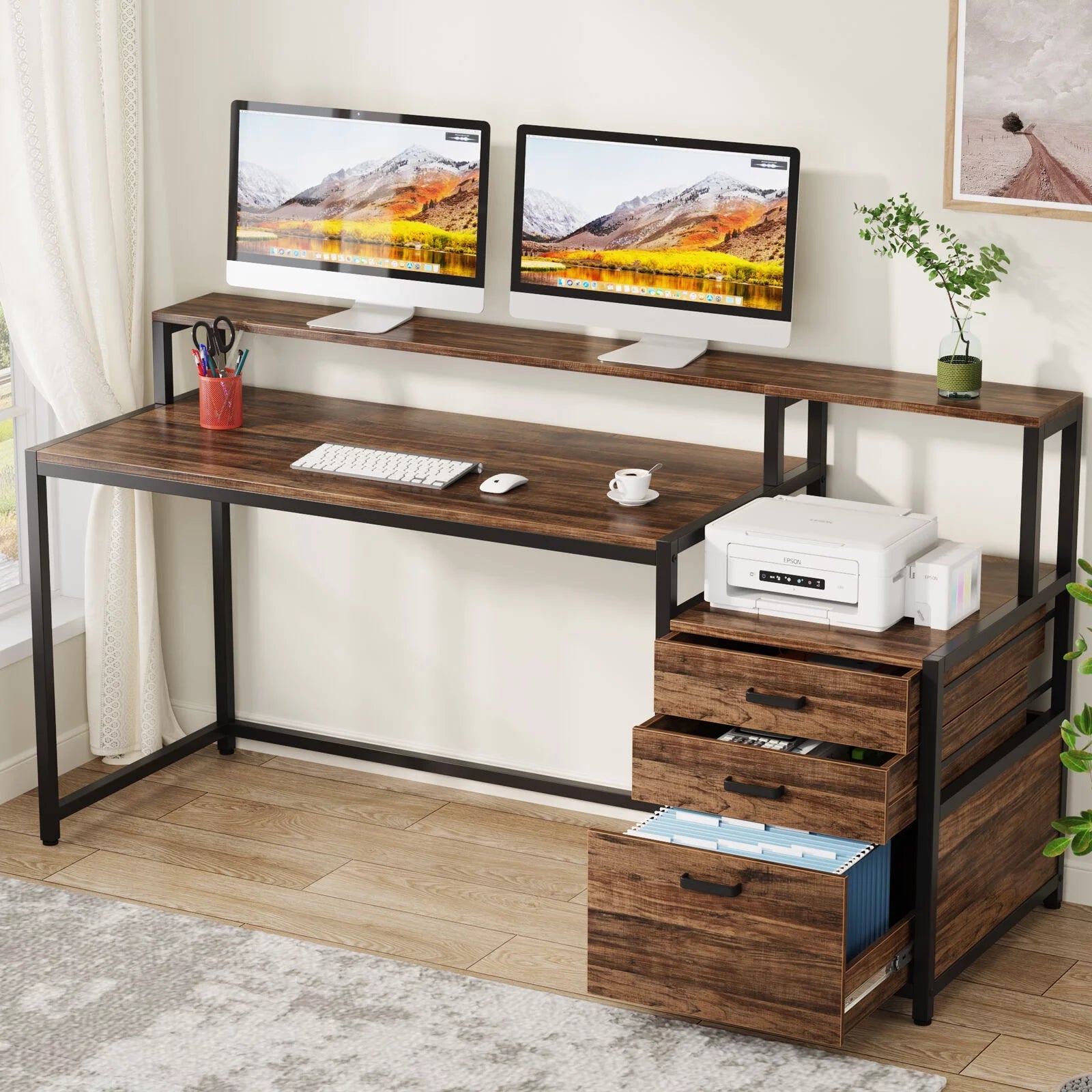 63" Ergonomic Computer Desk with Monitor Stand and Drawers, Rustic Brown Y6314