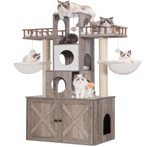 Rustic Gray Cat Tree with Litter Box Enclosure Y32767