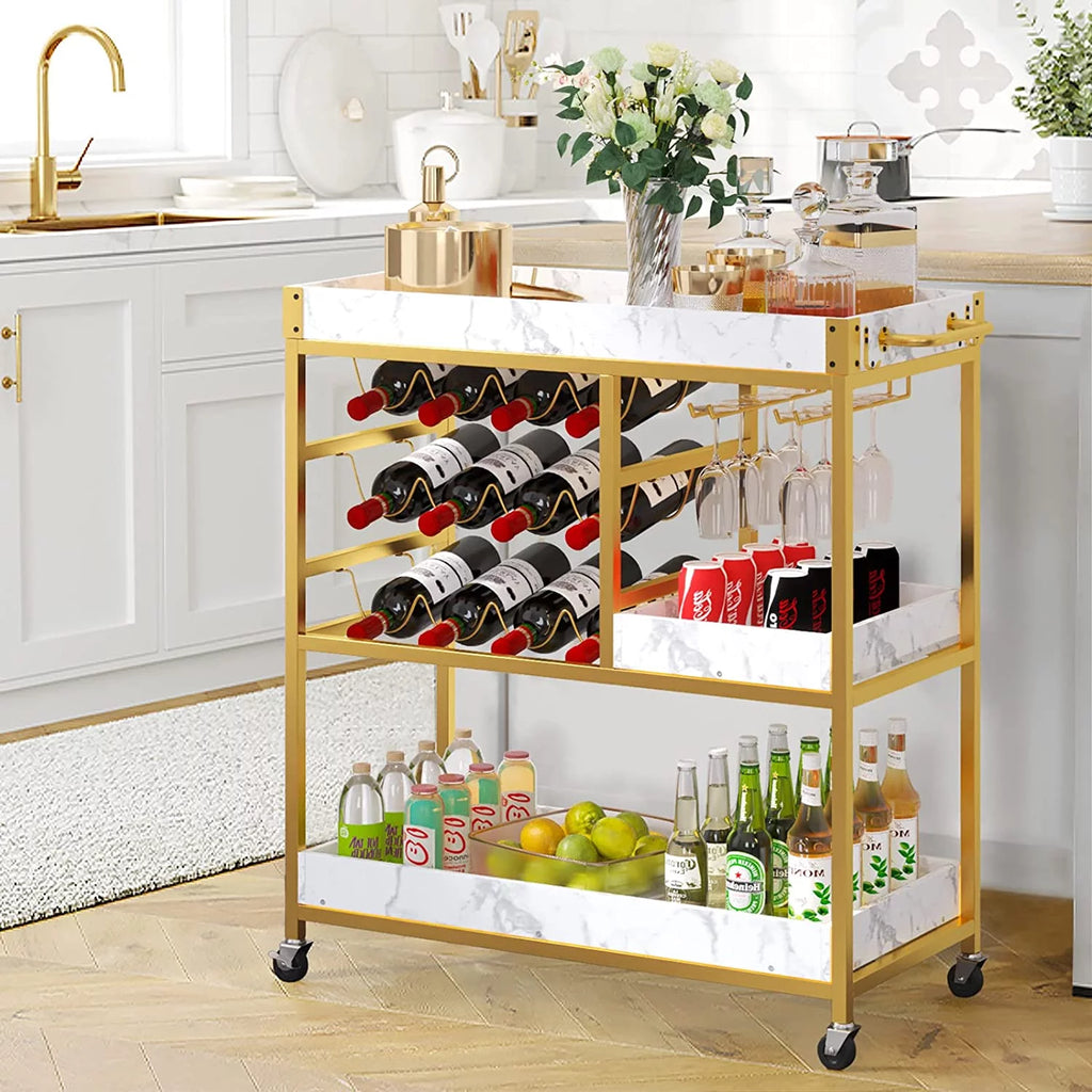 Gold Bar Cart with 12 Bottle Wine Rack T930712