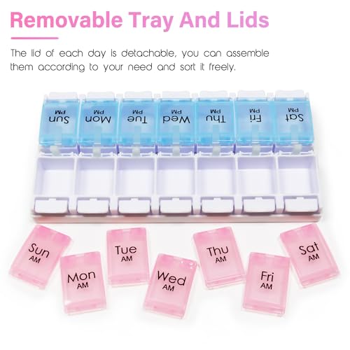 Large 7 Day Pill Organizer 2 Times a Day, AM PM Pill Box, 14 Dividers Vitamin Holder with Push Button Q52411