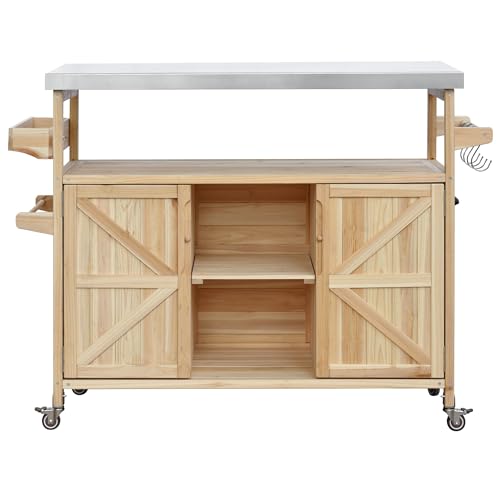 White Farmhouse Kitchen Island with Power Outlet, Drop Leaf, Spice Rack, Drawer, Rolling Cart on Wheels O444
