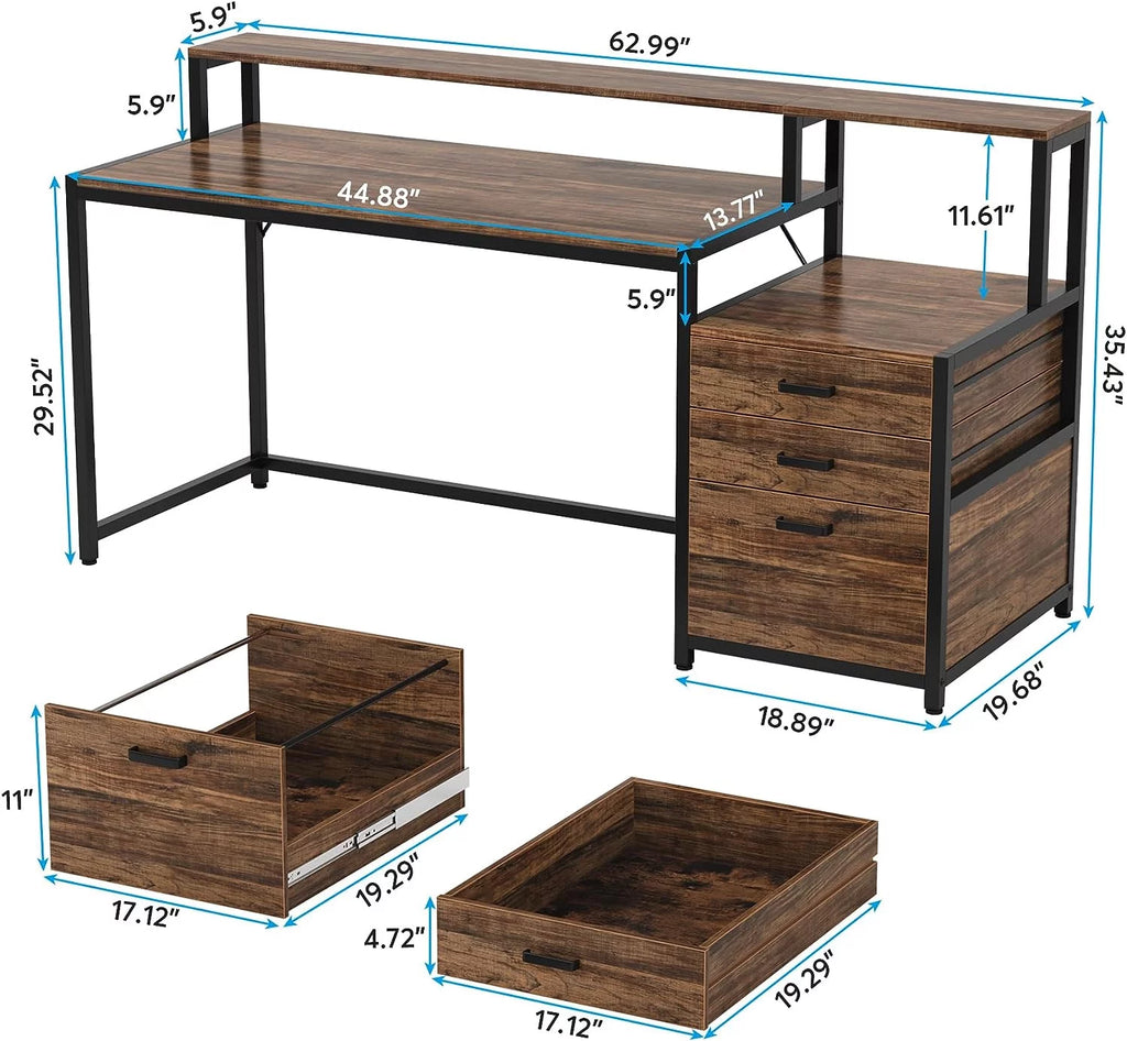 63" Ergonomic Computer Desk with Monitor Stand and Drawers, Rustic Brown Y6314