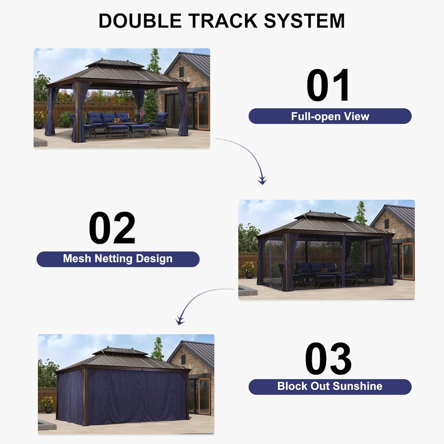 12' X 16' Permanent Hardtop Gazebo with Netting and Curtains Metal Roof Outdoor Pavilion with 24 LED Hanging String Lights E51738