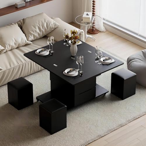 Black Lift-Top Coffee Table with Hidden Storage, 4 Stools and Lockable Wheels Q566720