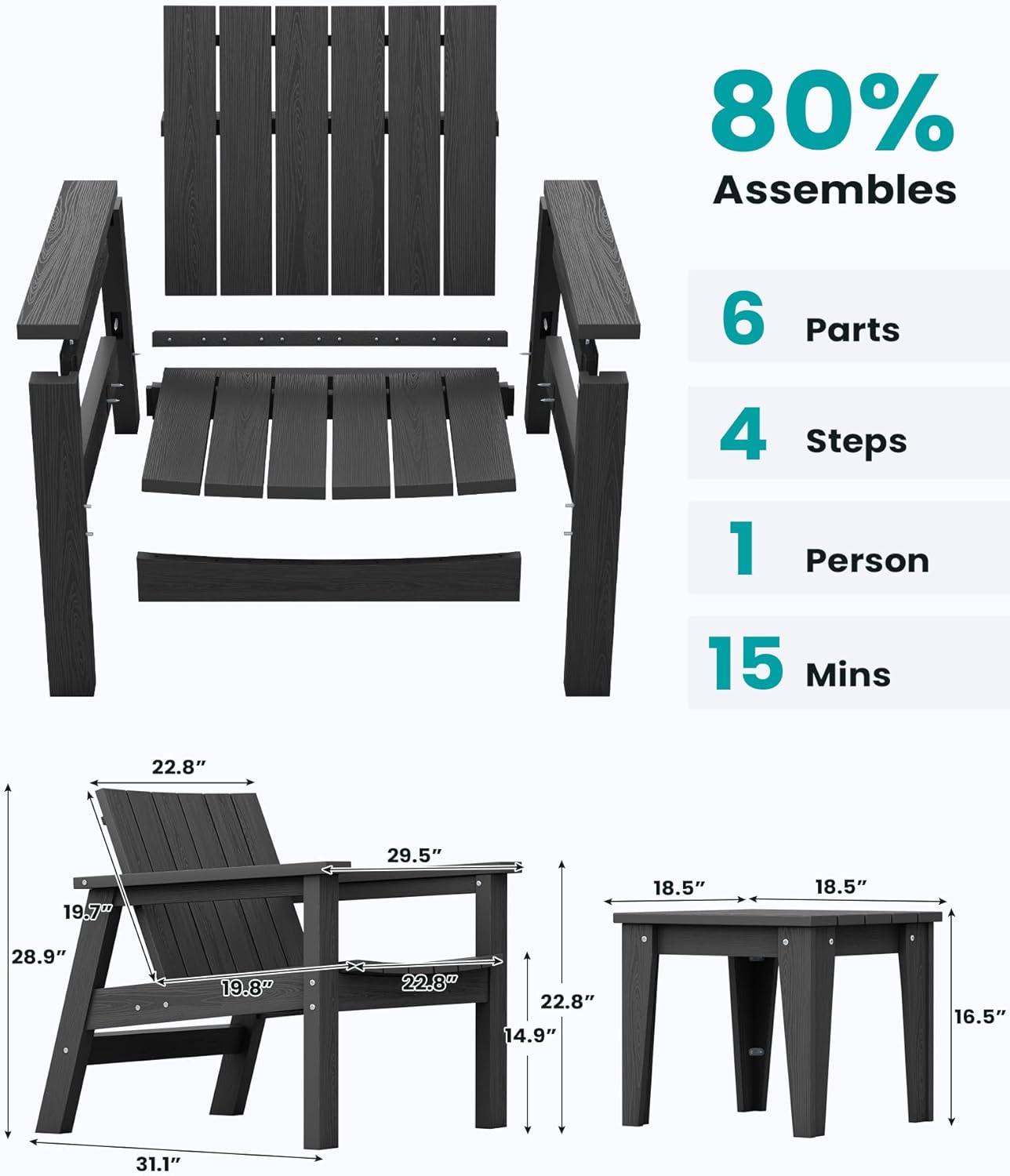 3 Piece HDPE Adirondack Chair Set with Side Table Black J723
