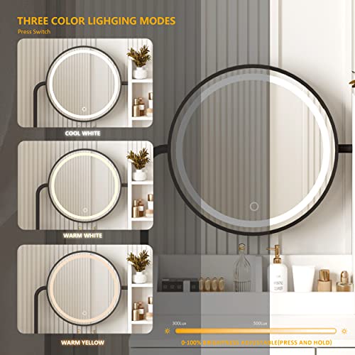 White Vanity Desk with Round Mirror and Lights, Brown and Black, 15.75 * 31.5 * 53.6in C754714