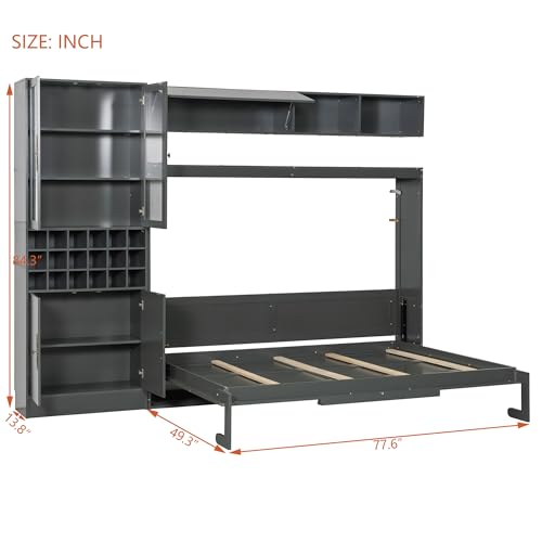 Queen Murphy Bed with Couch and Storage Shelves, Charging Station, LED Light, Wood Foldable Wall Bed Cabinet with Sofa and Storage Cabinet, Bookcase, Wine Rack (White) J945738