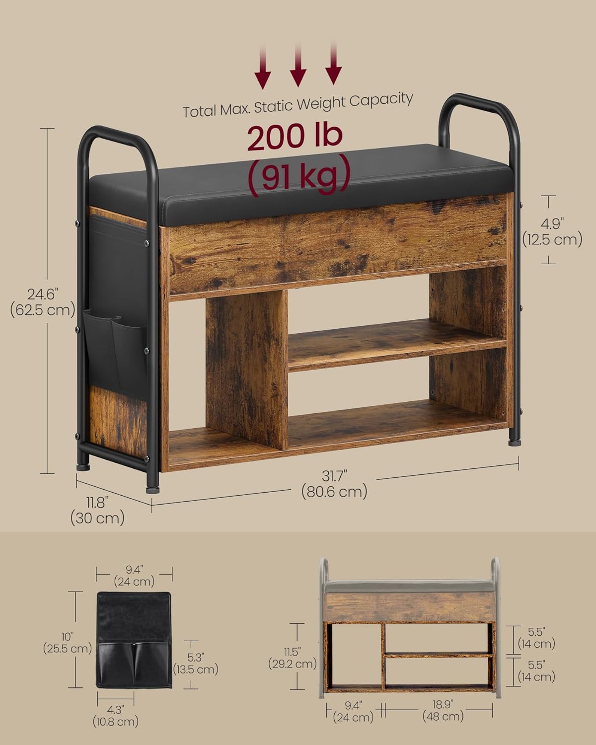 Rustic Brown and Ink Black Shoe Bench with Storage B229