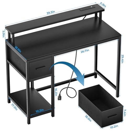 Black Gaming Desk with LED Lights and Drawer C8511