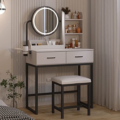 White Vanity Desk with Round Mirror and Lights, Brown and Black, 15.75 * 31.5 * 53.6in C754714