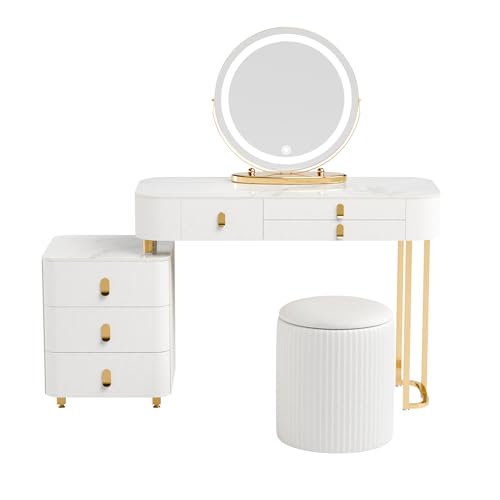 6 Drawer Wood Makeup Vanity Desk with Mirror and Lights and Chair X46345