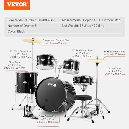 Black 5-Piece Drum Set with Bass, Toms, Snare, Floor, Stands, Cymbal, Hi-Hat Pedal and Drumsticks S409016