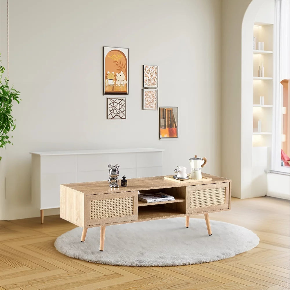 55" Rattan TV Stand with 2 Sliding Doors and Adjustable Shelf Z462195