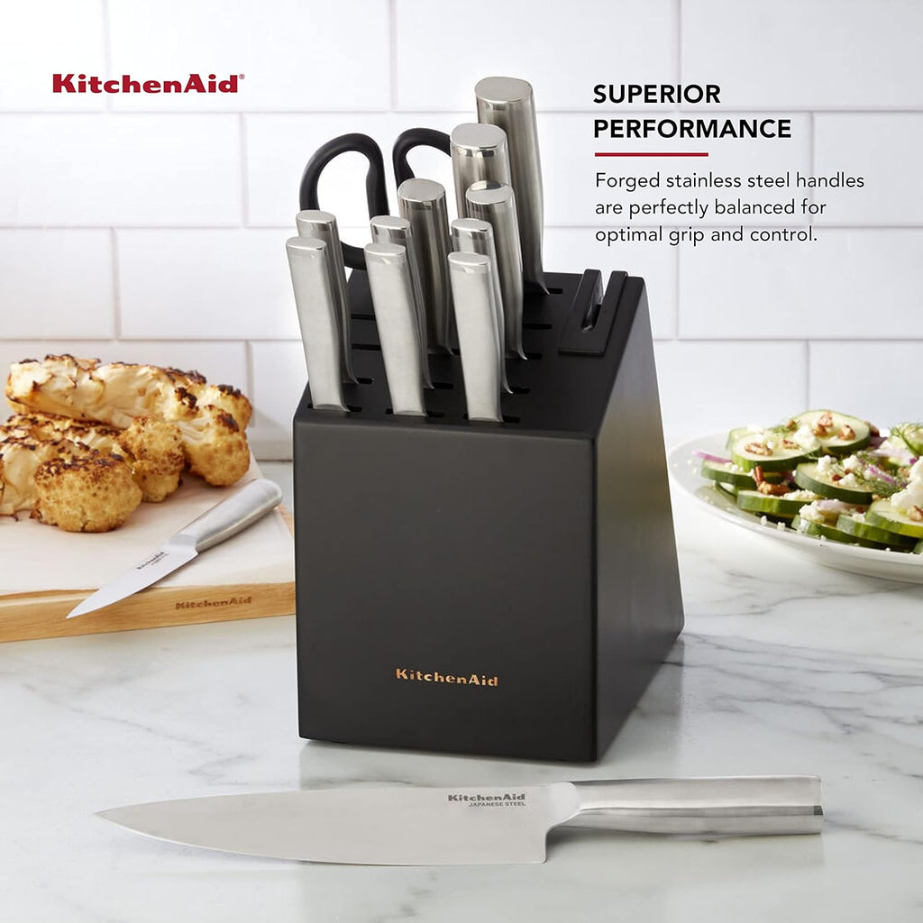 14 Piece Black Stainless Steel Knife Block Set with Built-in Knife Sharpener O357