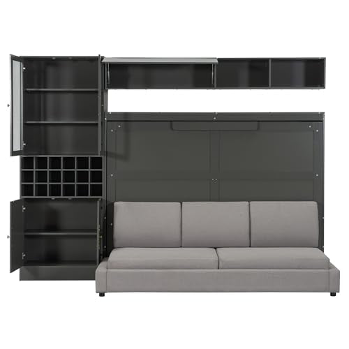 Queen Murphy Bed with Couch and Storage Shelves, Charging Station, LED Light, Wood Foldable Wall Bed Cabinet with Sofa and Storage Cabinet, Bookcase, Wine Rack (White) J945738