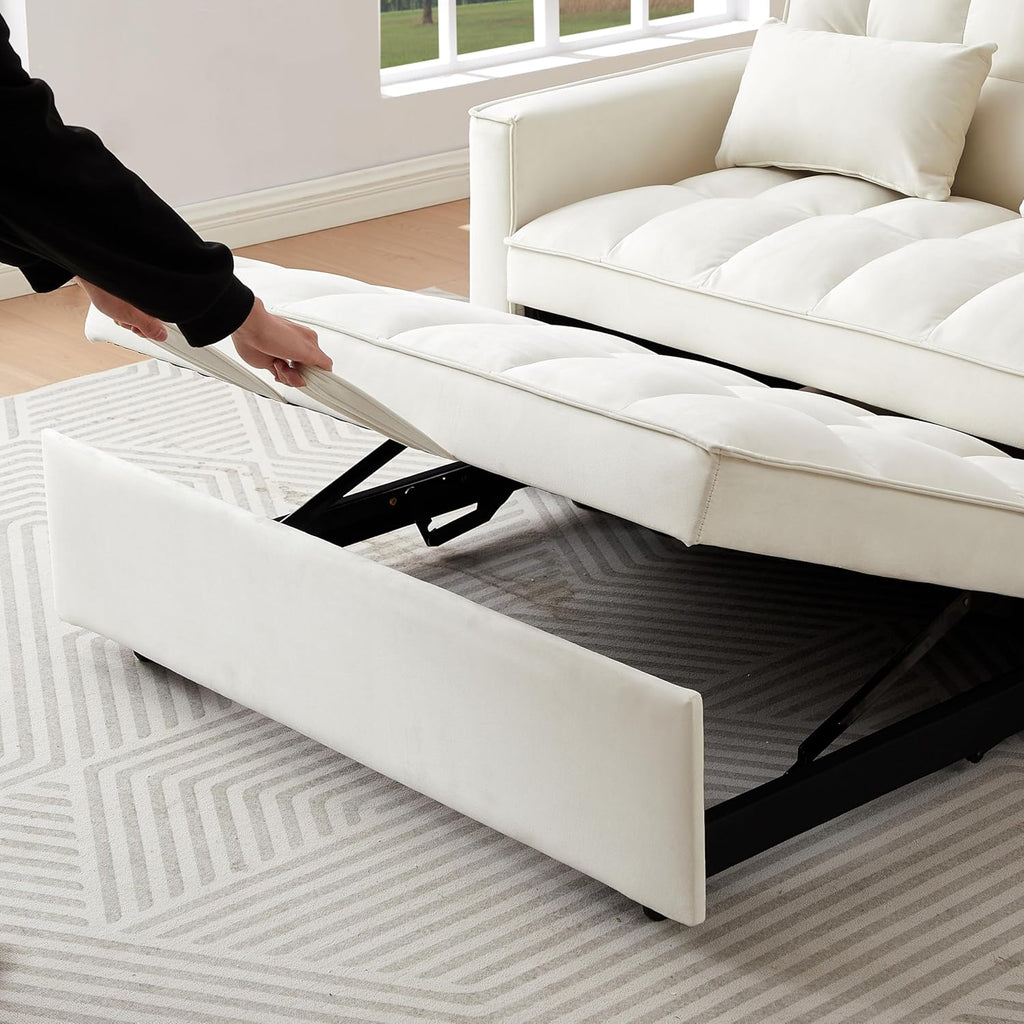 Ivory Velvet 2 Seater Convertible Loveseat Sleeper Sofa with Pull-Out Bed C4009
