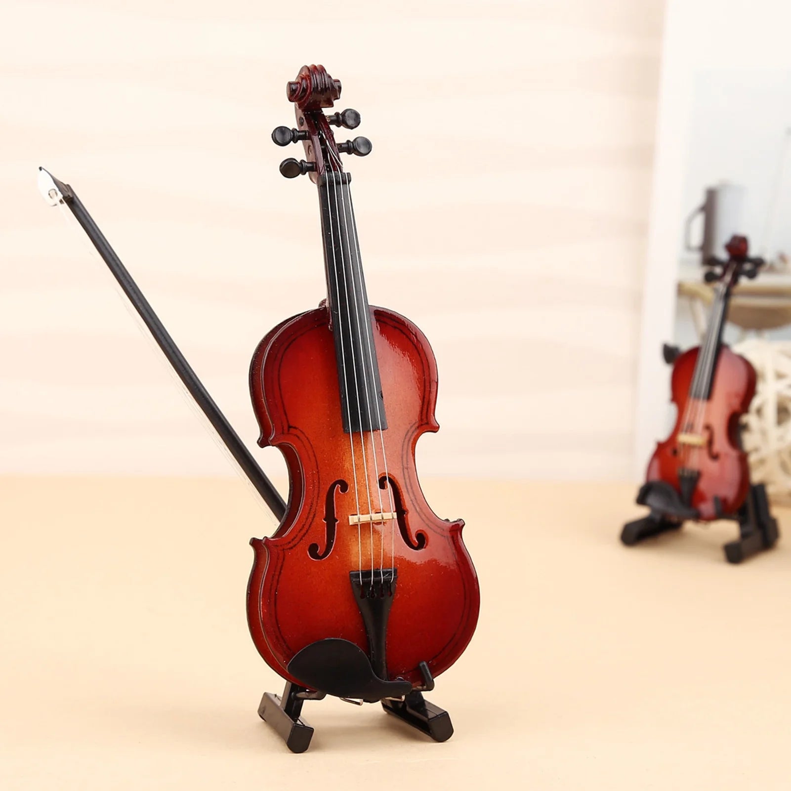 Wooden Mini Violin Model with Stand Playable Tiny Violin Figurine Miniature Musical Instrument Ornament C1709