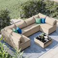 Beige 7-Piece Patio Sectional Sofa with Grey Cushions D111
