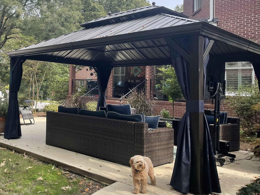 12' X 16' Permanent Hardtop Gazebo with Netting and Curtains Metal Roof Outdoor Pavilion with 24 LED Hanging String Lights E51738
