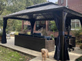 12' X 16' Permanent Hardtop Gazebo with Netting and Curtains Metal Roof Outdoor Pavilion with 24 LED Hanging String Lights E51738