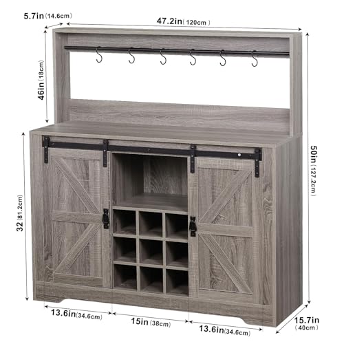 Grey Coffee Bar Cabinet with Sliding Barn Door and Adjustable Shelves M328