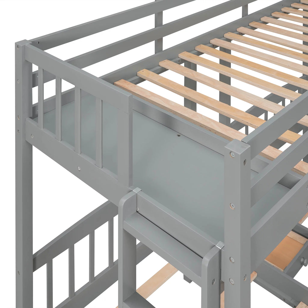 Triple Twin Solid Wood Bunk Beds with Guardrail and Ladder and Built-in Middle Drawer Q532097