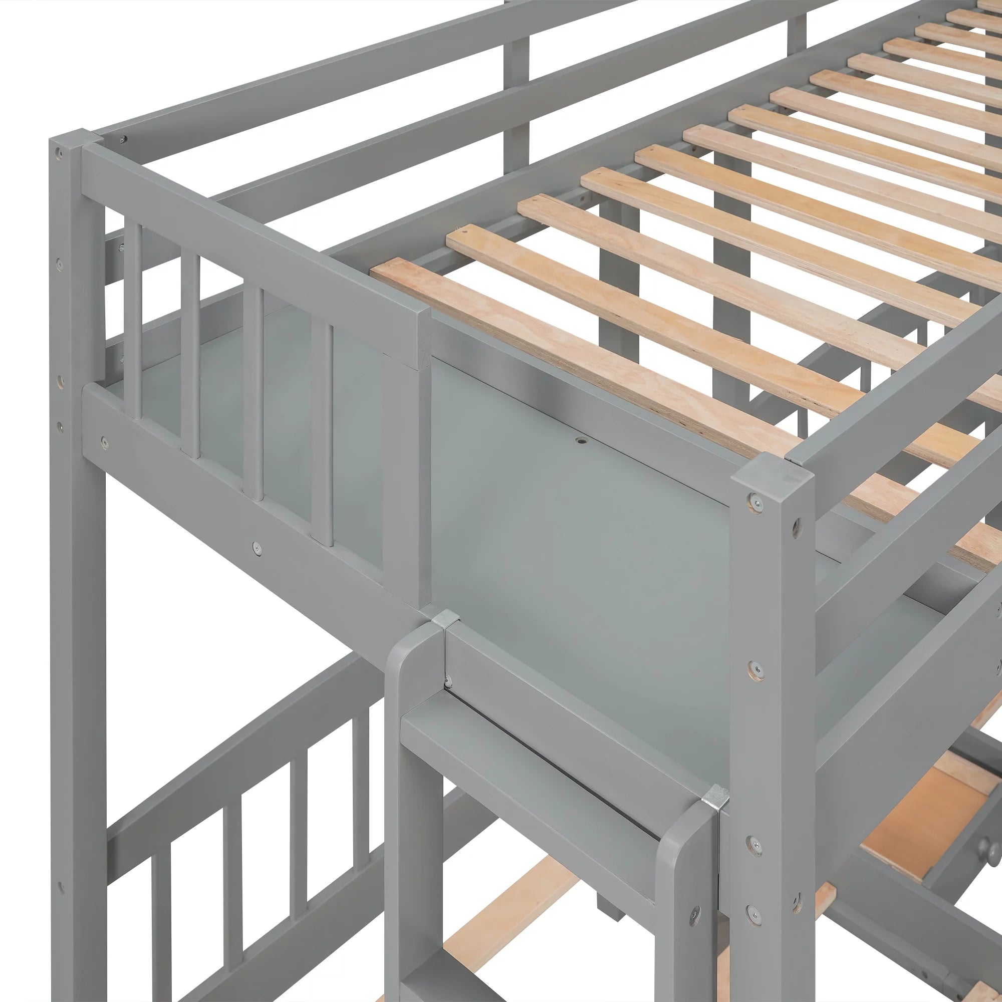 Triple Twin Solid Wood Bunk Beds with Guardrail and Ladder and Built-in Middle Drawer Q532097