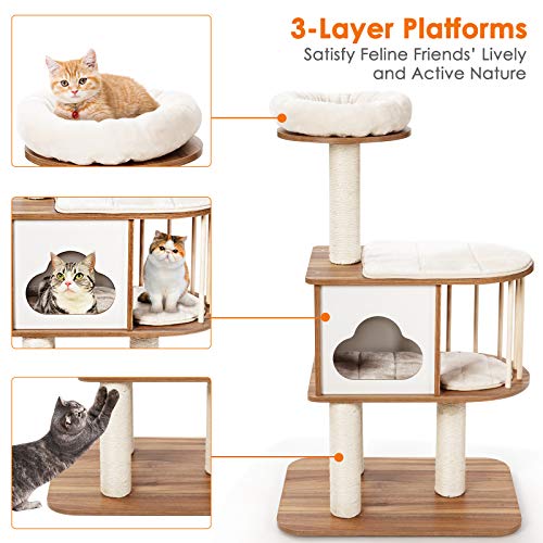 Light Grey Wood Cat Tree with Scratching Posts and Washable Cushions G14217